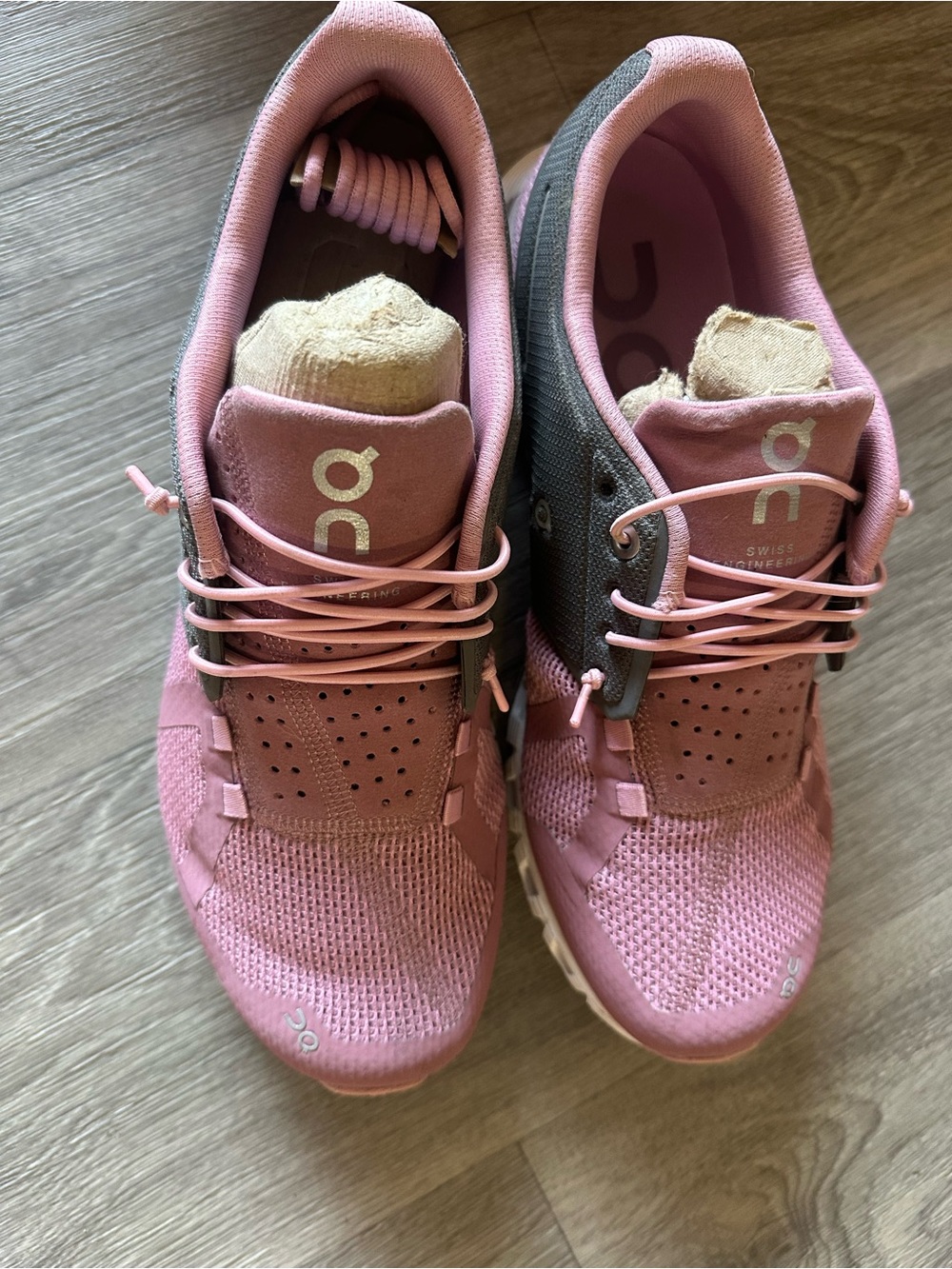 On Running Women's Pink and Gray Cloud Running Shoes